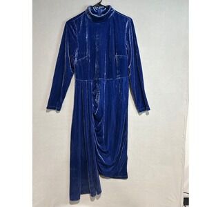 Ashro Velvet Asymmetrical Midi Dress‎ Womens 10 Blue Mock Neck wedding cocktail